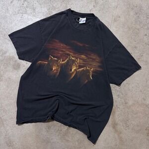 Vintage Y2K Hanes Beefy Wolf Pack Graphic‎ Nature Tee Black Mens XL